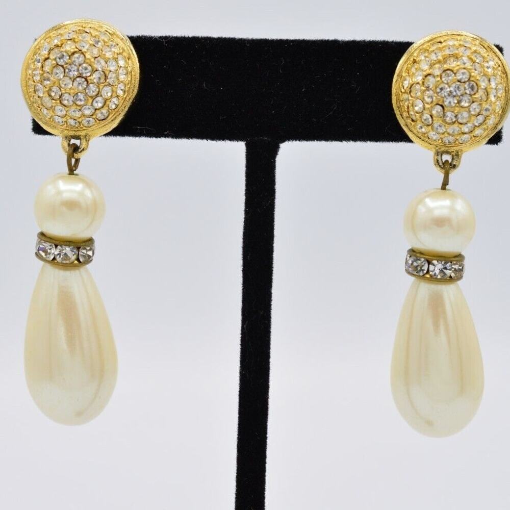 Vintage Crystal Dangle Earrings Gold Shiny Rhinestone Pearl Drop 1980s BinH